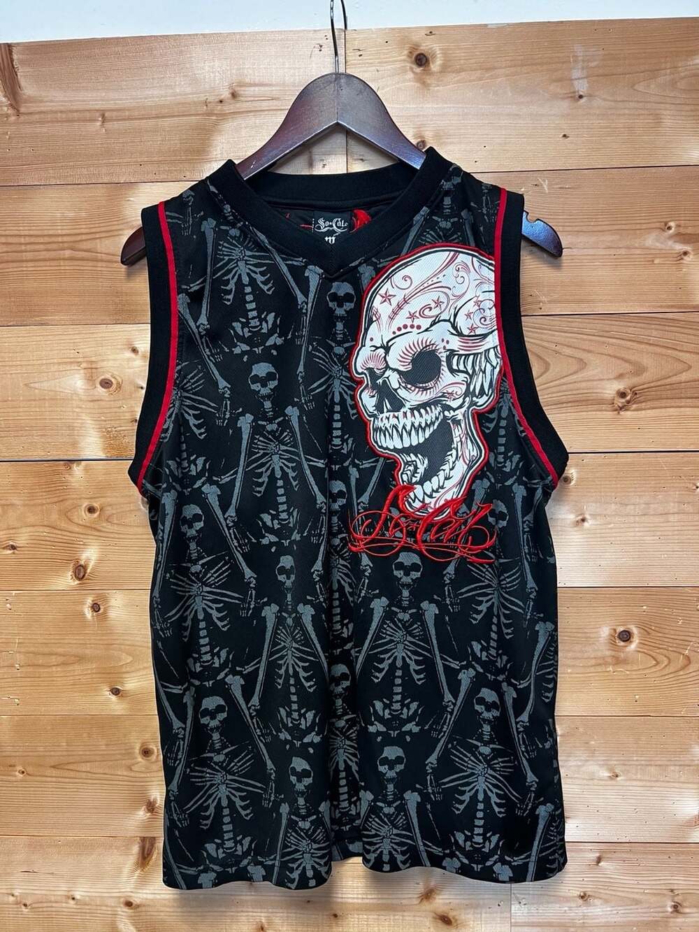 Vintage Y2K So Cal Embroidered Skeleton Jersey Goth Punk Skater Grunge Med 0448